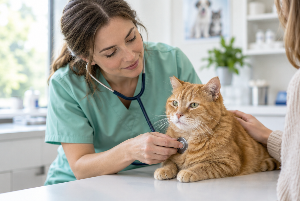 Vet gently examining a senior ginger cat's leg
